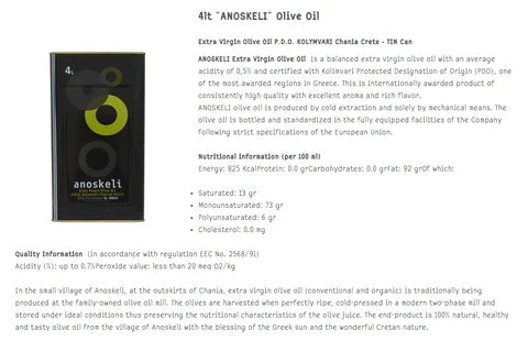 Olivenolie, 4 liter, fra landsbyen Anoskeli, Kreta